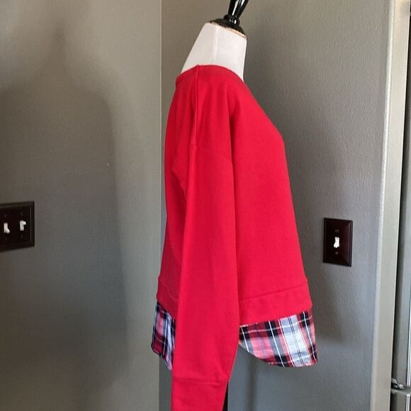 Izod Women’s Long Sleeve Tie Front 2-Fer Sweatshirt Red Plaid - Picture 7 of 9